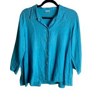 CMC Color Me Cotton Size Small Blue Linen Button Down Blouse Lagen Look Artsy